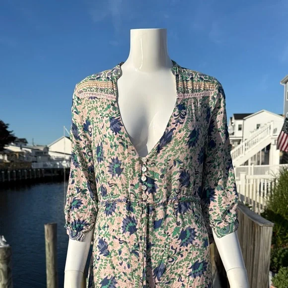 Blue and White Ruffled Midi Sundress with Plunge Neckline - Picture 2 of 16